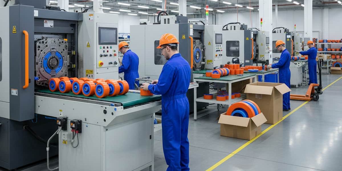 Material poliuretano Una fábrica con 4 hombres revisando la calidad de ruedas de poliuretano.