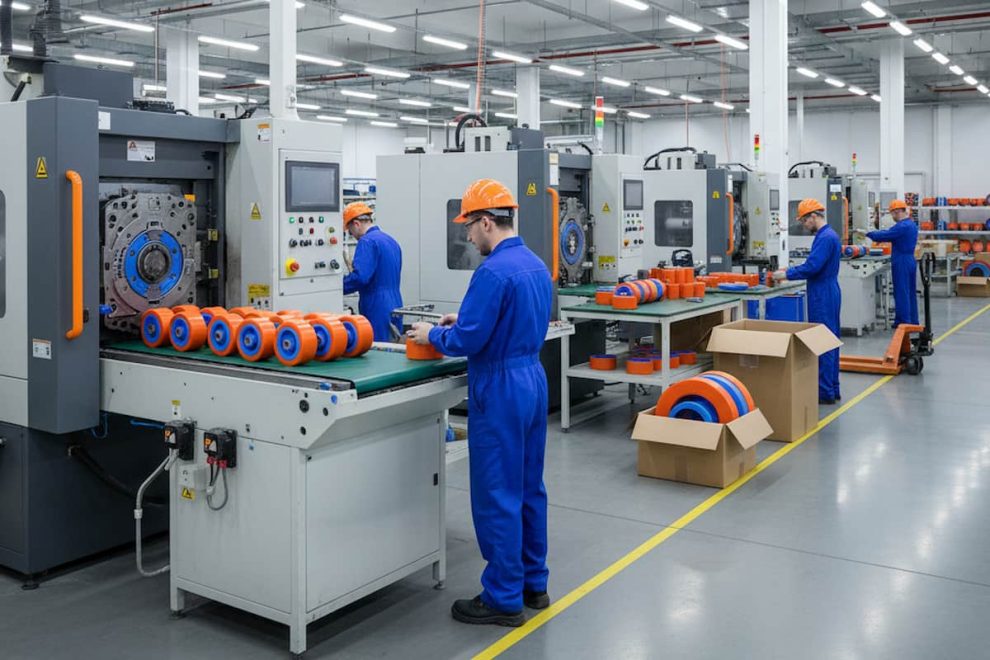 Material poliuretano Una fábrica con 4 hombres revisando la calidad de ruedas de poliuretano.