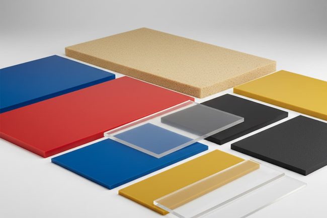 Placas de poliuretano de distintos colores están colocadas sobre una superficie blanca.